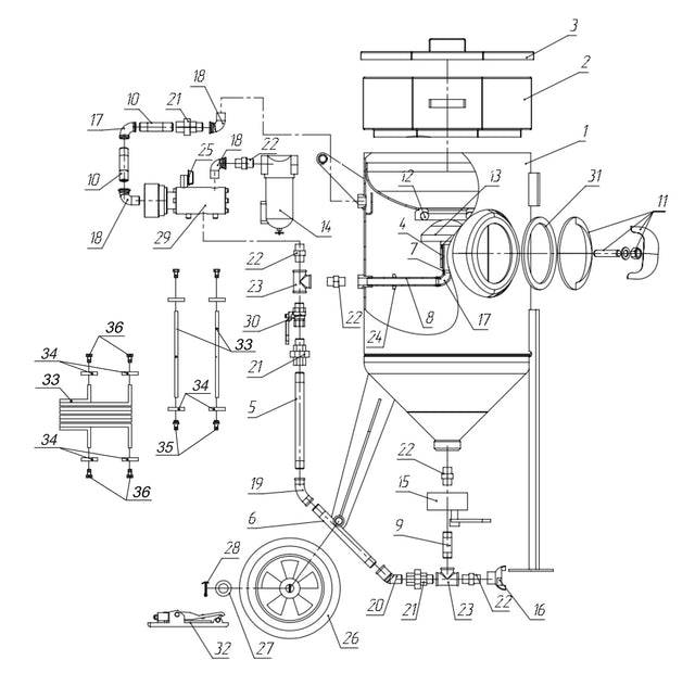 Schematische illustratie van de Contracor BlastRazor Z-25RC / Z-50RC met genummerde onderdelen voor duidelijke identificatie.